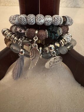 Boho Stacked Beaded Charm Bracelets - White, Brown, Gray, Silver